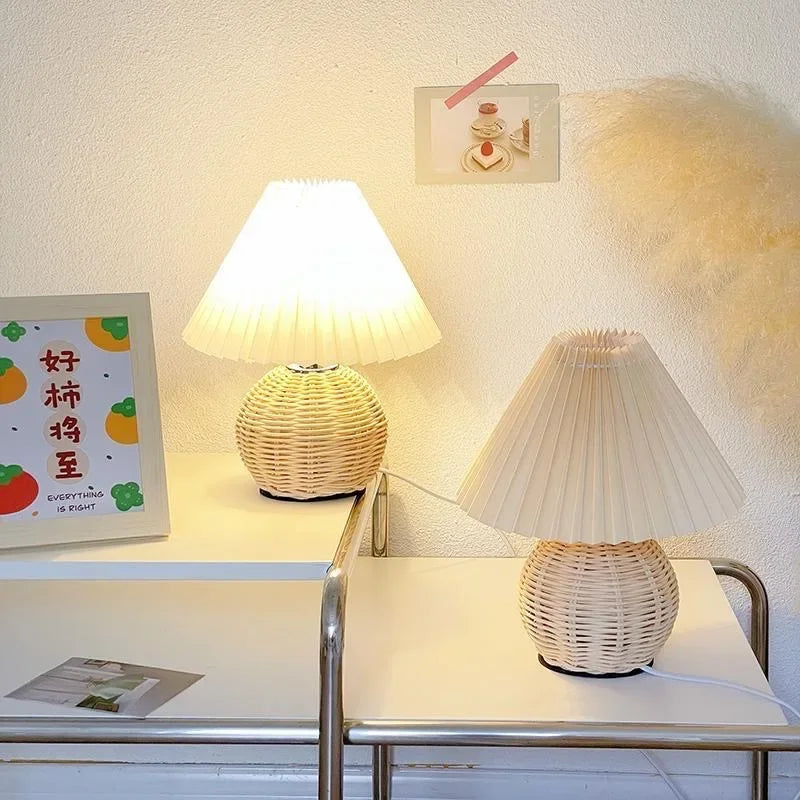 INS Led Pleated Table Lamp Rattan Base Desktop Light Usb PLug Dimmable Timmer