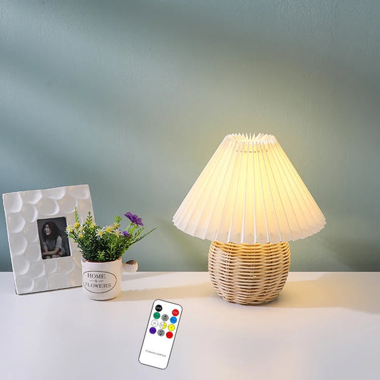 INS Led Pleated Table Lamp Rattan Base Desktop Light Usb PLug Dimmable Timmer