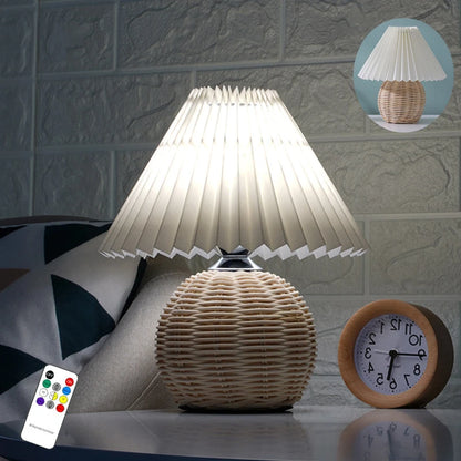 INS Led Pleated Table Lamp Rattan Base Desktop Light Usb PLug Dimmable Timmer